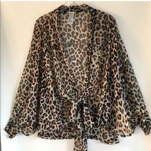 Free People Leopard Print Tie Front Kimono Top OS
